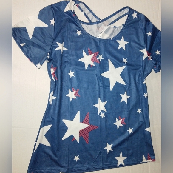 ☆NWT☆Women's Crisscross Back Moisture Wicking Star Print Short Sleeve Yoga Tee★ - Picture 7 of 11
